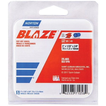 Norton Abrasives Abrasive Cut-Off Wheel, Type 1, 3 in Dia, 1/32 In. Thick, Ceramic Alumina 66253371058